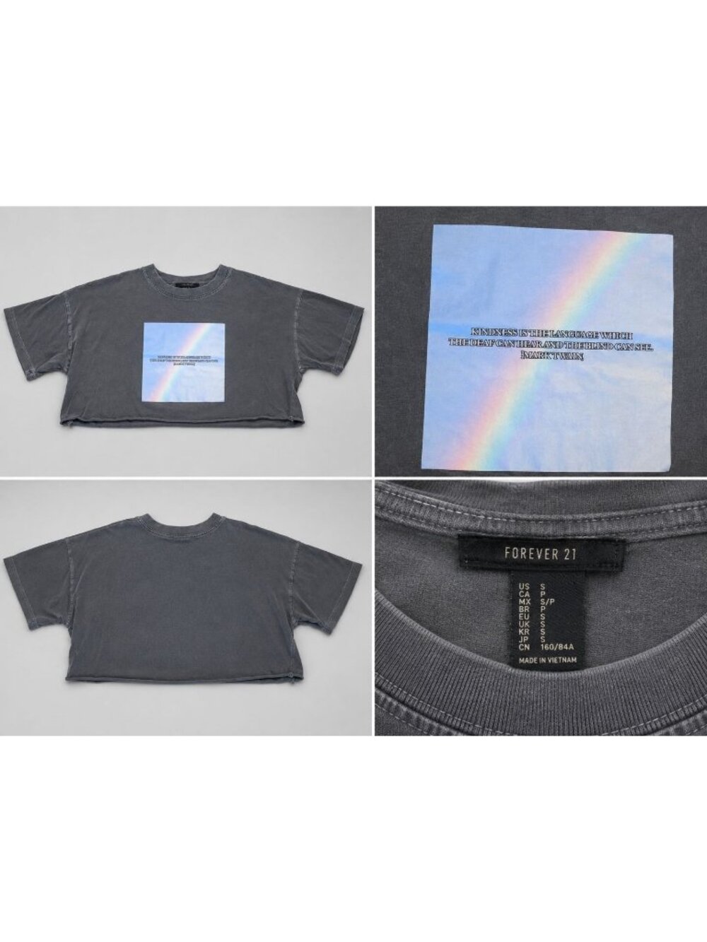 Forever 21 Women’s Small Cropped Graphic Tee Mark Twain Quote Rainbow Gray